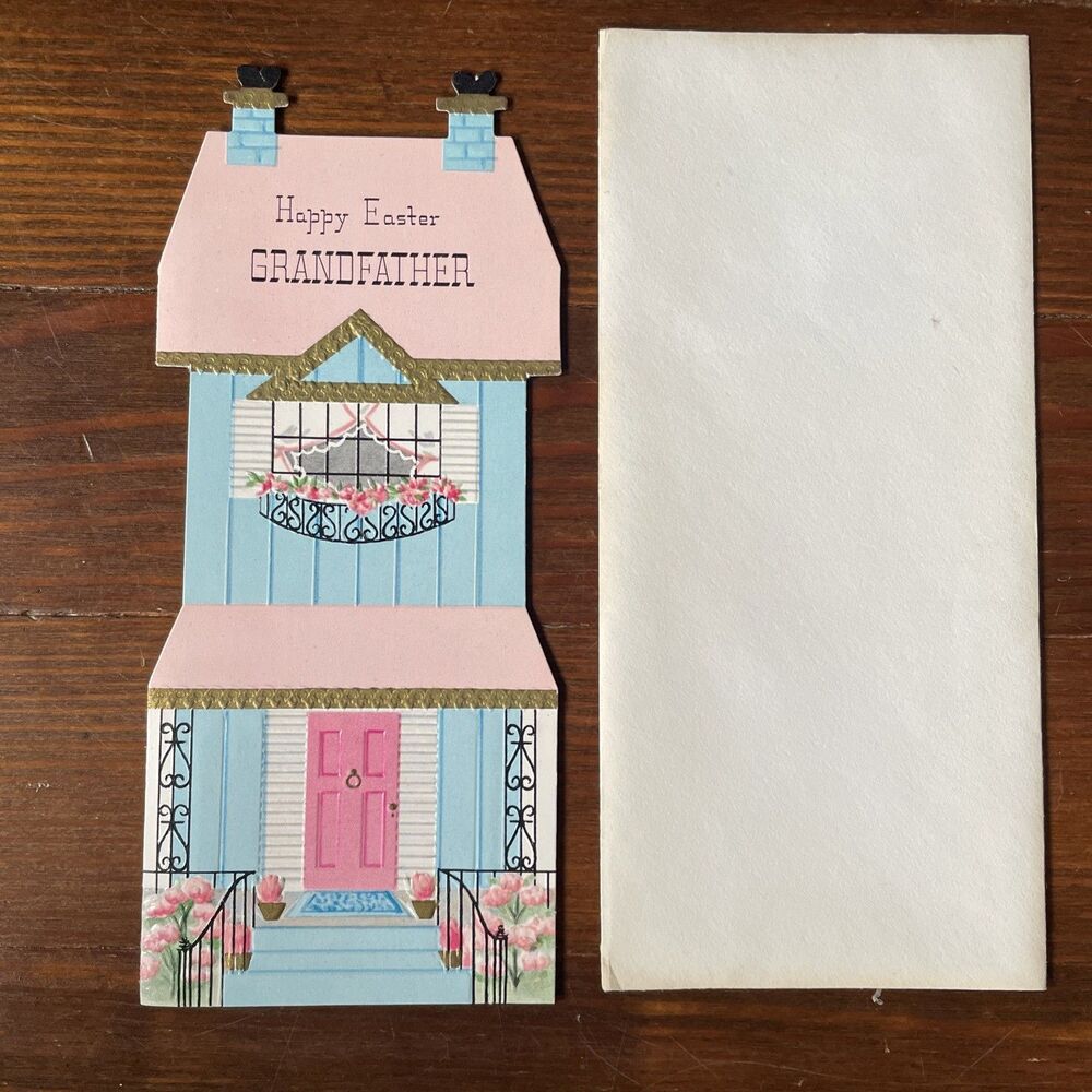Vintage Greeting Card Anthropomorphic Home Easter Embossed Gold Envelopes
